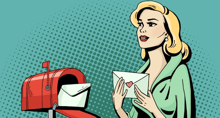 Comic book depiction of a woman getting mail from a mailbox.